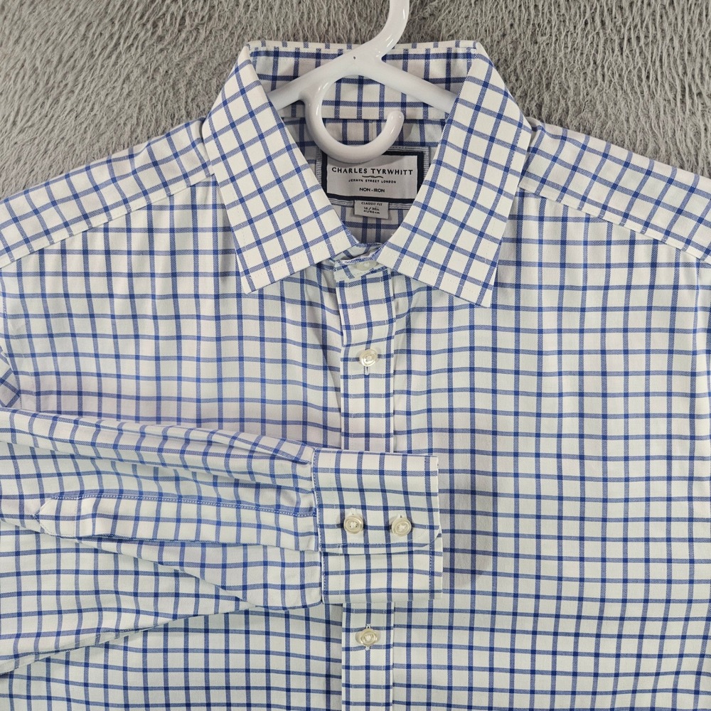 Charles Tyrwhitt Mens 16/34 Classic Fit Non-Iron Cotton Grid Check Shirt Blue